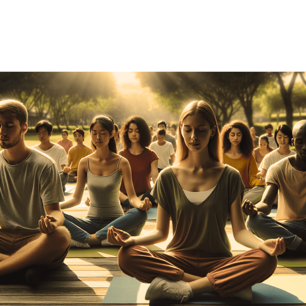 a GROUP OF STUDENT DOING MEDITATION IN MEDITATION CENTRE.