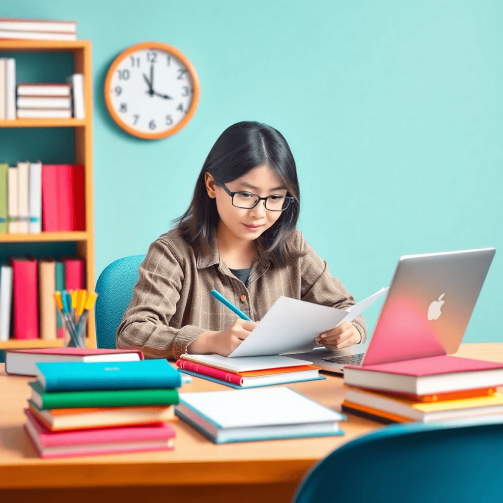 A focused student sits at a desk surrounded by books and study materials, writing notes with a clock in the background, conveying effective time management and calmness.